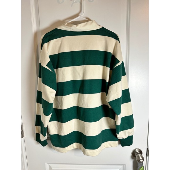 Primark Womens Oversized Long Sleeve Striped Rugby Shirt Green Cream Collared S - Picture 4 of 4